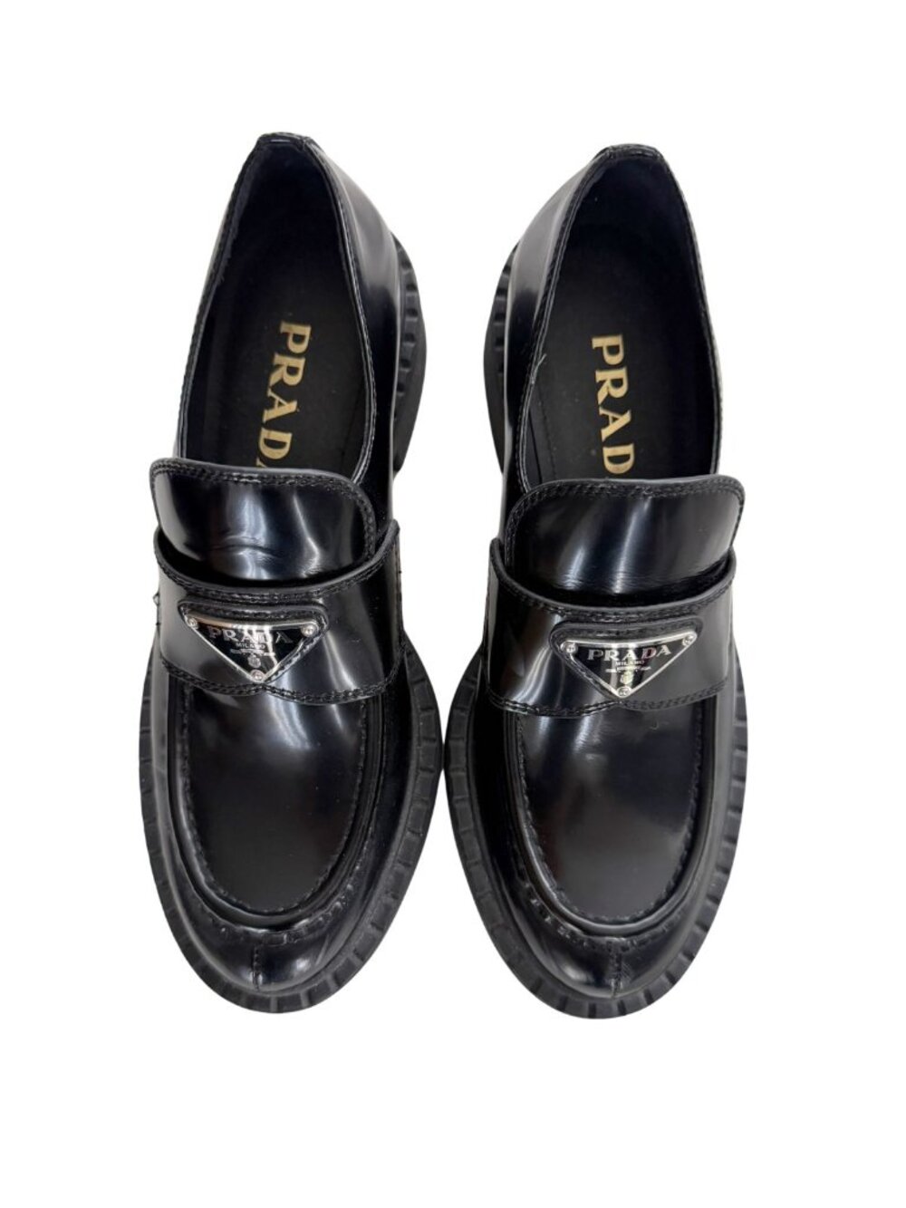 PRADA “Chocolate” Brushed Leather Triangle Logo Loafers - Black 38